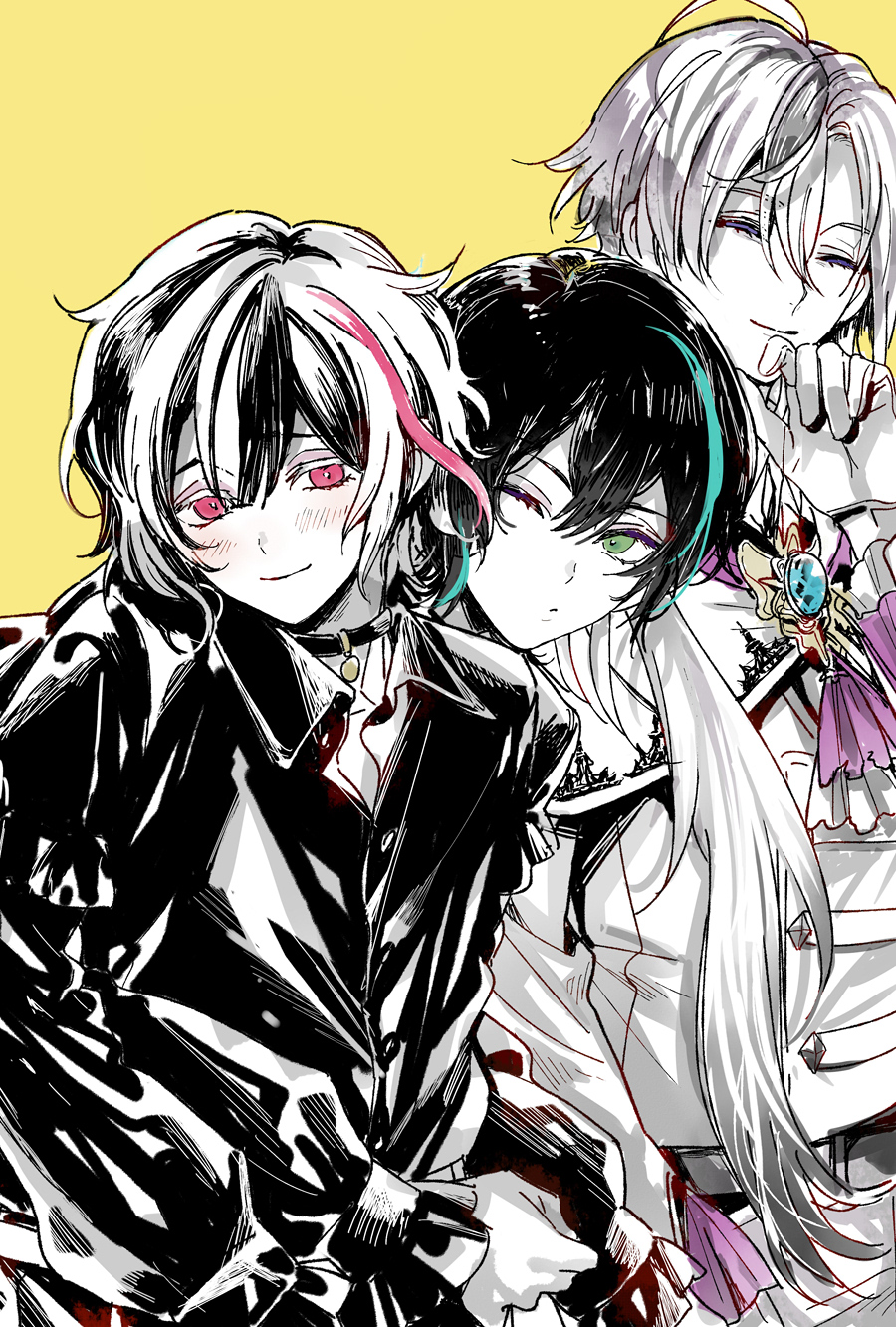 3boys, ^_^, ahoge, akuma_shitsuji_to_kuroi_neko, alternate_costume, aqua_streaks, ascot, bellen_cliane