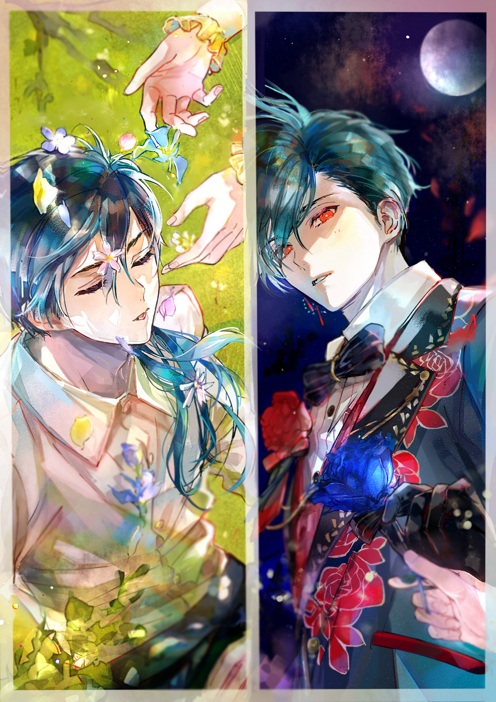 1boy, 1girl, akuma_shitsuji_to_kuroi_neko, alternate_costume, aqua_hair, asymmetrical_bangs, black_bow, black_bowtie