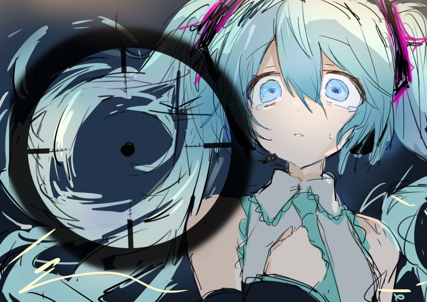 1girl, aqua_necktie, bare_shoulders, blue_eyes, blue_hair, commentary, crosshair, hatsune_miku, highres, hole_in_hair, long_hair, looking_at_viewer, near_miss, necktie, shirt, sleeveless, sleeveless_shirt, solo, tears, twintails, vocaloid, yukia_1128
