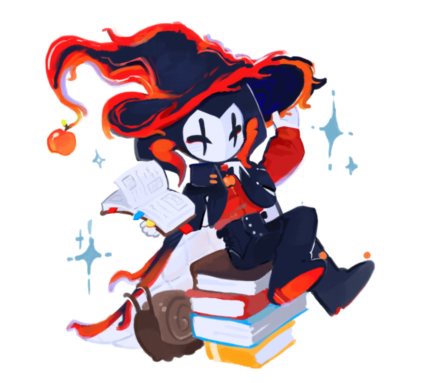 1boy, absurdres, apple, black_cape, black_hat, black_pants, black_shoes, book