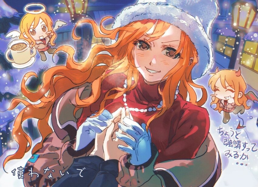 1girl, 1other, a_dong1987, angel_wings, blush_stickers, brown_hair, chibi, chibi_inset