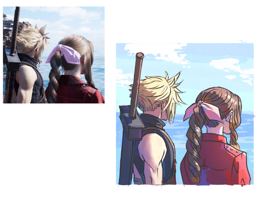 1boy, 1girl, aerith_gainsborough, art_study, blonde_hair, blue_sky, border, braid