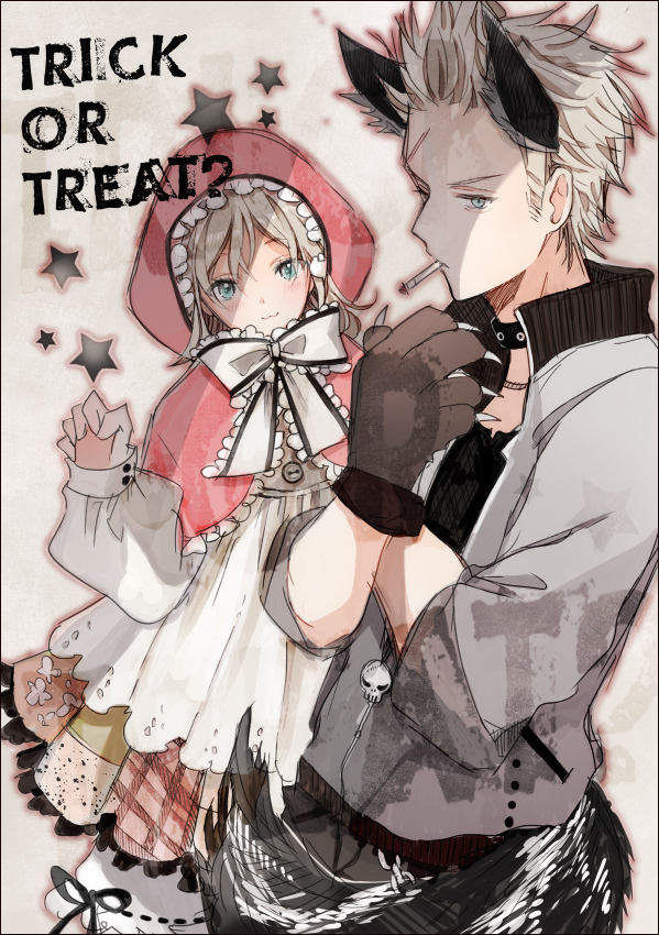 1boy, 1girl, :3, alternate_costume, animal_ears, apron, arm_up, axis_powers_hetalia