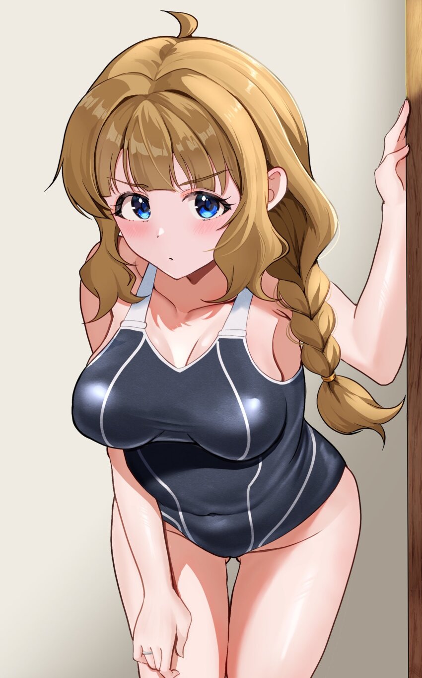 1girl, aged_up, ahoge, black_one-piece_swimsuit, blue_eyes, blush, body_blush, braid