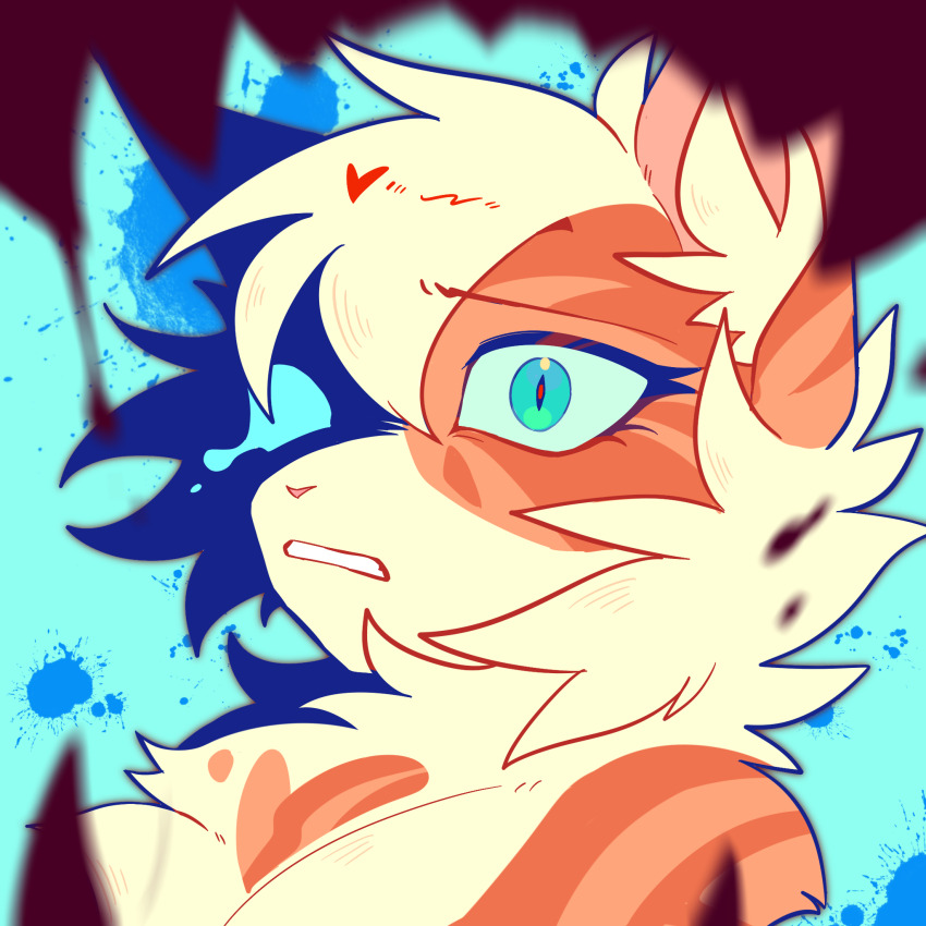 animal, animal_focus, animification, aqua_background, aqua_eyes, brightheart, buzhanggaodekenan, cat, chinese_commentary, commentary_request, highres, no_humans, orange_fur, paint_splatter, partial_commentary, portrait, scared, simple_background, slit_pupils, tabby_cat, tears, teeth, variant_set, warrior_cats, white_fur, wide-eyed