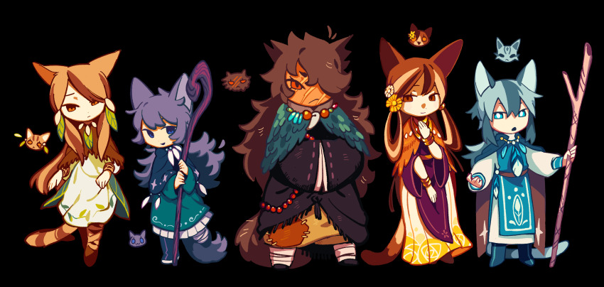 1boy, 5girls, absurdres, androgynous, animal_ears, animification, aqua_dress, bead_necklace