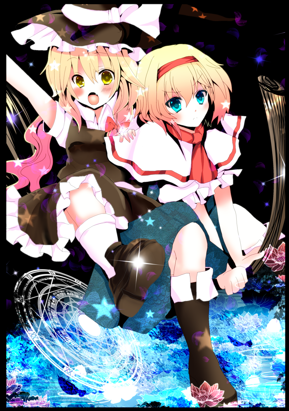 2girls, alice_margatroid, blonde_hair, blue_eyes, broom, broom_riding, fang, female_focus