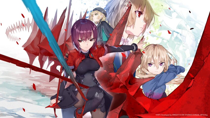 4girls, armor, blonde_hair, bodysuit, breasts, brown_hair, cape, cropped_jacket