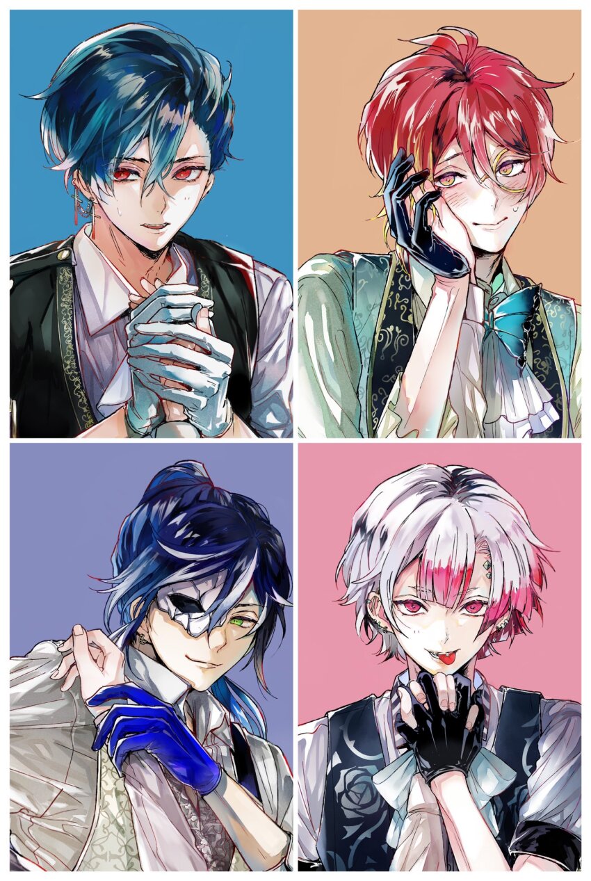 1girl, 4boys, :>, ahoge, akuma_shitsuji_to_kuroi_neko, ammon_lead, aqua_hair, ascot