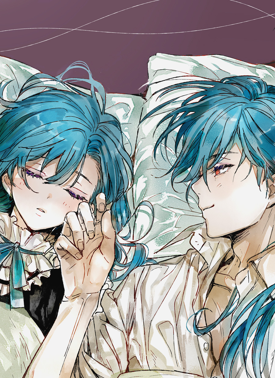 1boy, 1girl, akuma_shitsuji_to_kuroi_neko, aqua_hair, asymmetrical_bangs, bib_collar, black_shirt, blue_ribbon