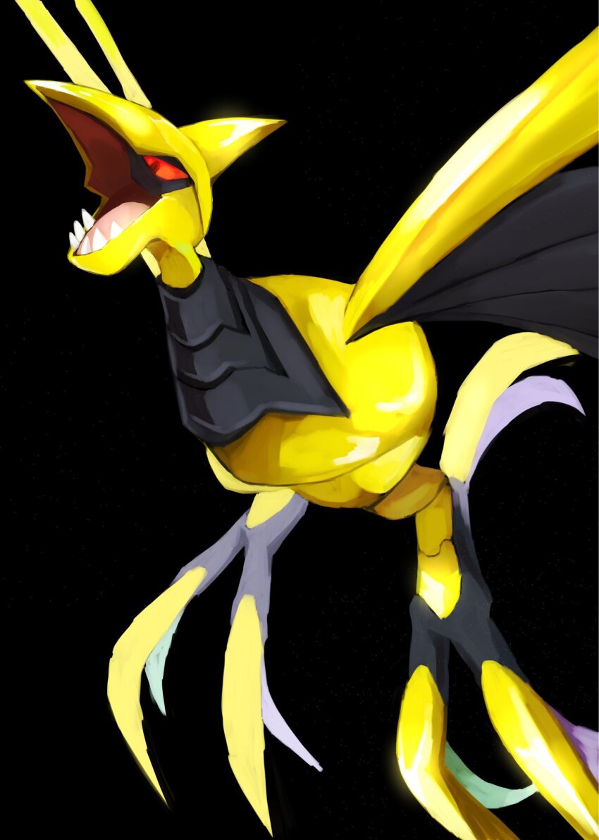 bird, black_background, black_eyes, colored_sclera, colored_skin, fangs, gen_2_pokemon, gold_skin