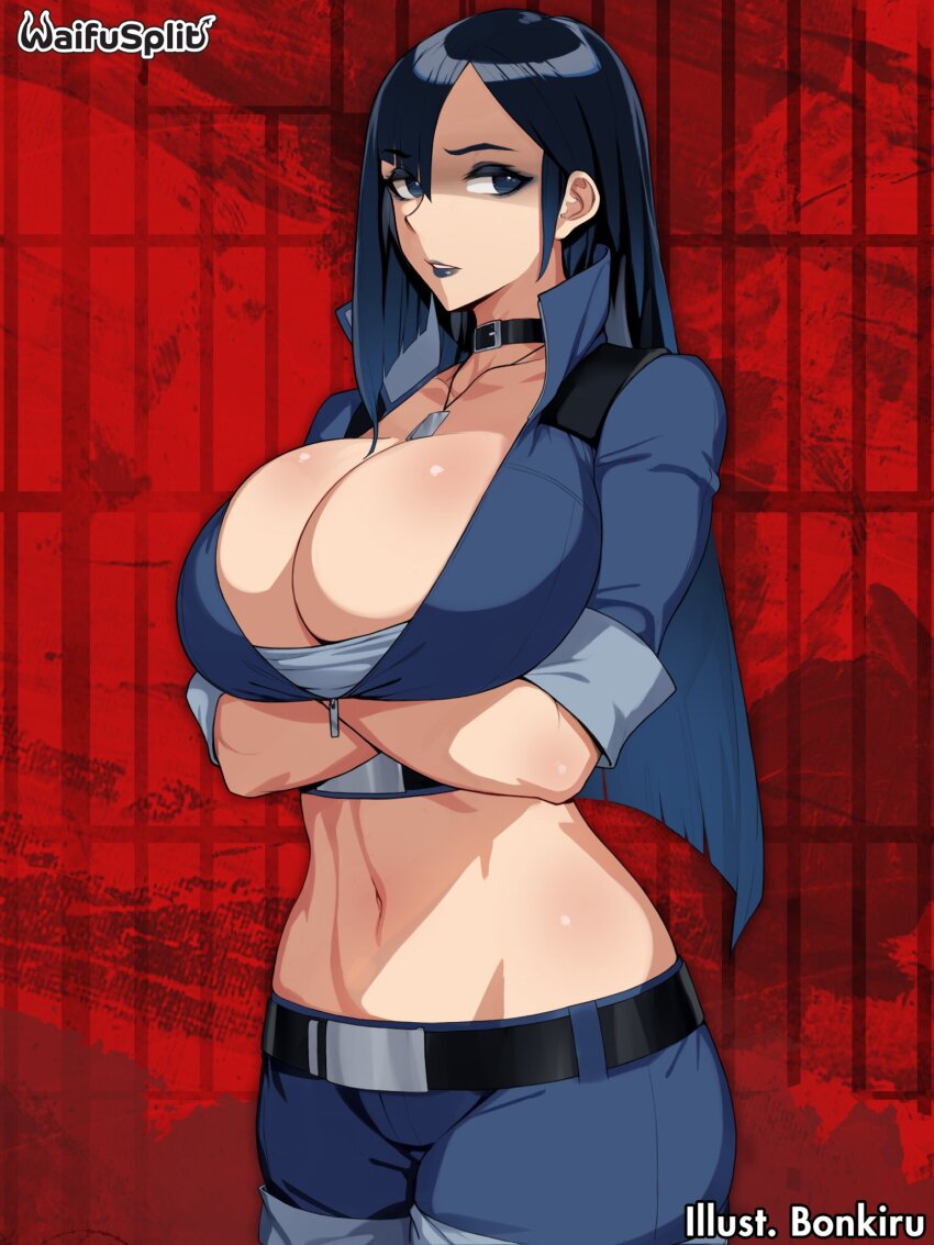 1girl, artist_name, blue_eyes, blue_hair, bonkiru, breasts, crossed_arms, disgust