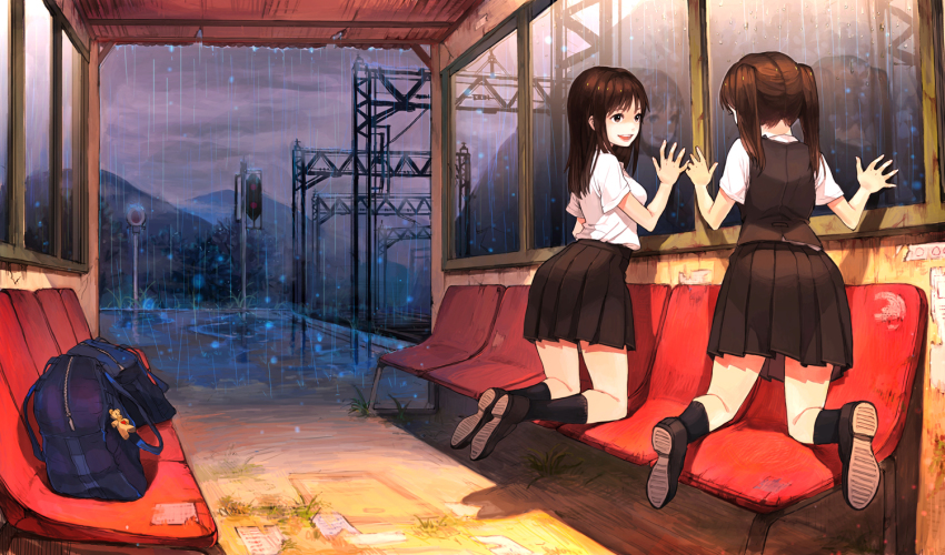 2girls, :d, artistic_error, bad_reflection, bag, bench, brown_eyes, brown_hair