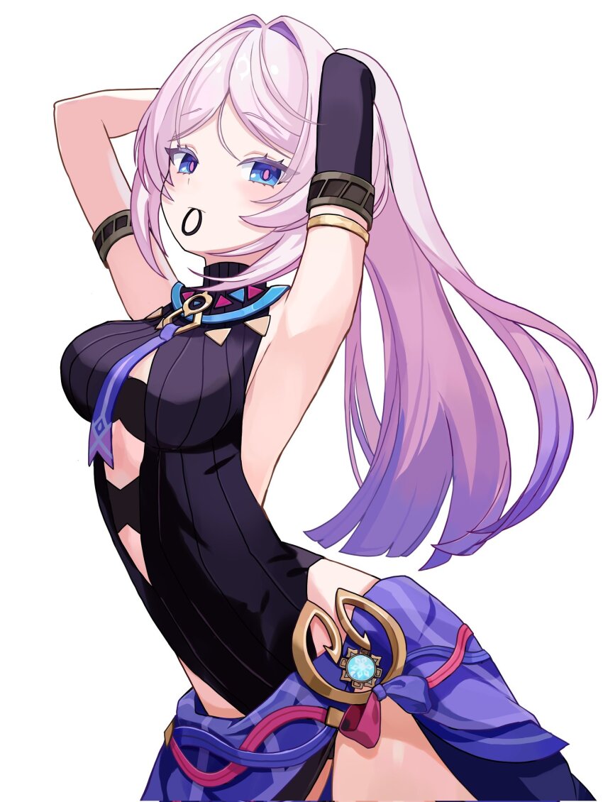 1girl, armlet, arms_behind_head, black_leotard, blue_eyes, breasts, citlali_(genshin_impact), cowboy_shot