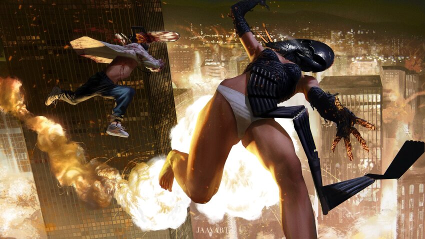 1boy, 1girl, apron, artist_name, barefoot, black_apron, black_gloves, blood, blood_on_clothes, blood_on_face, blue_pants, bomb, bomb_devil_(chainsaw_man), building, chainsaw, chainsaw_man, denji_(chainsaw_man), dynamite, explosion, explosive, falling, fire, gloves, grenade_pin, highres, javi_martinez, object_head, open_clothes, open_shirt, outstretched_arm, panties, pants, pull_cord, reze_(chainsaw_man), sharp_teeth, shirt, shoes, sparkle, teeth, underwear, white_panties, white_shirt, white_shoes