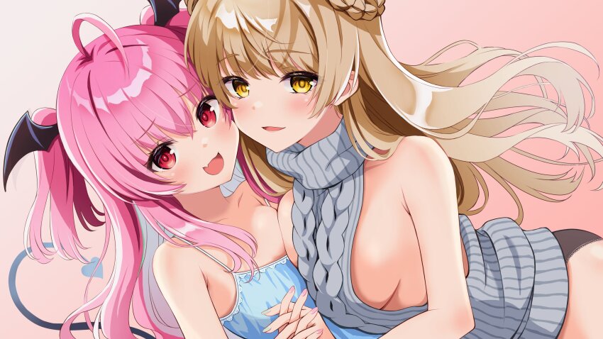 2girls, :d, absurdres, ahoge, aran_sweater, armpit_crease, artist_request, asymmetrical_docking