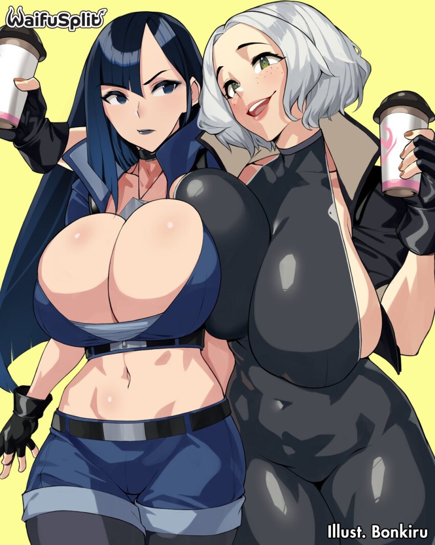 2girls, artist_name, belt, blue_eyes, blue_hair, bodysuit, bonkiru, breast_press, breasts, coffee_mug, cup, disgust, fingerless_gloves, gloves, green_eyes, highres, huge_breasts, jewelry, judy_(waifusplit), lips, long_hair, mature_female, miss_hazard, mug, multiple_girls, navel, necklace, open_mouth, serious, shorts, smile, waifusplit, white_hair, yellow_background