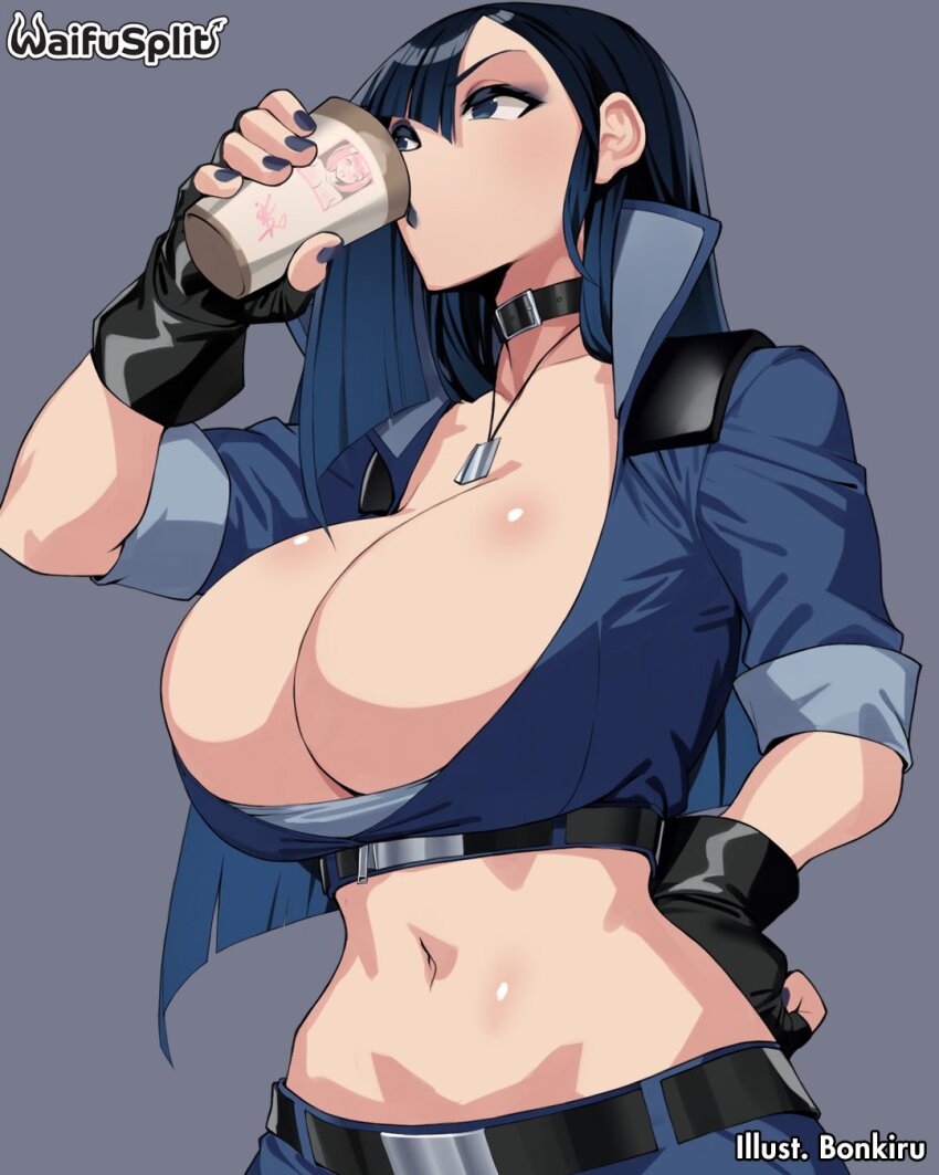 1girl, artist_name, belt, blue_eyes, blue_hair, bonkiru, breasts, coffee_mug