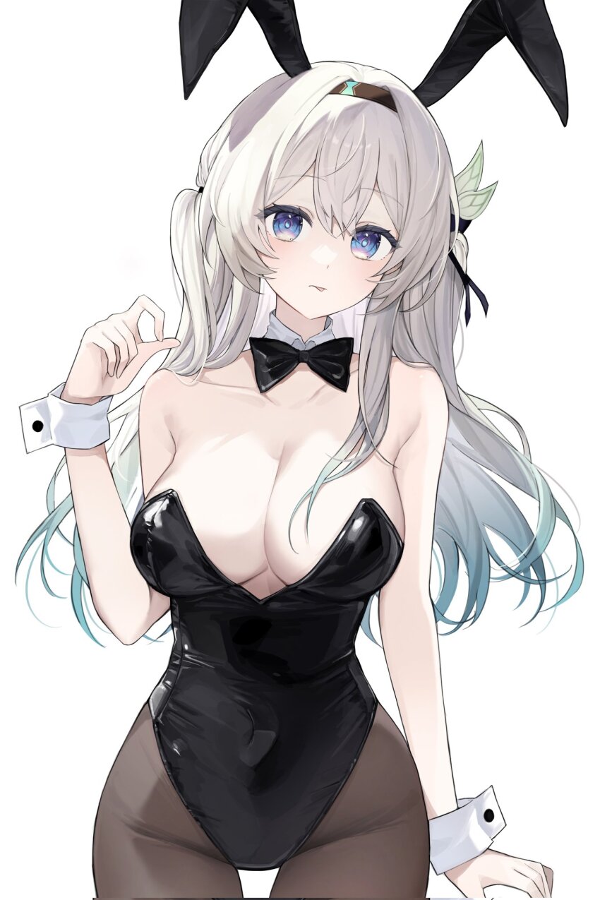 1girl, :p, animal_ears, black_bow, black_bowtie, black_hairband, black_pantyhose, blue_eyes