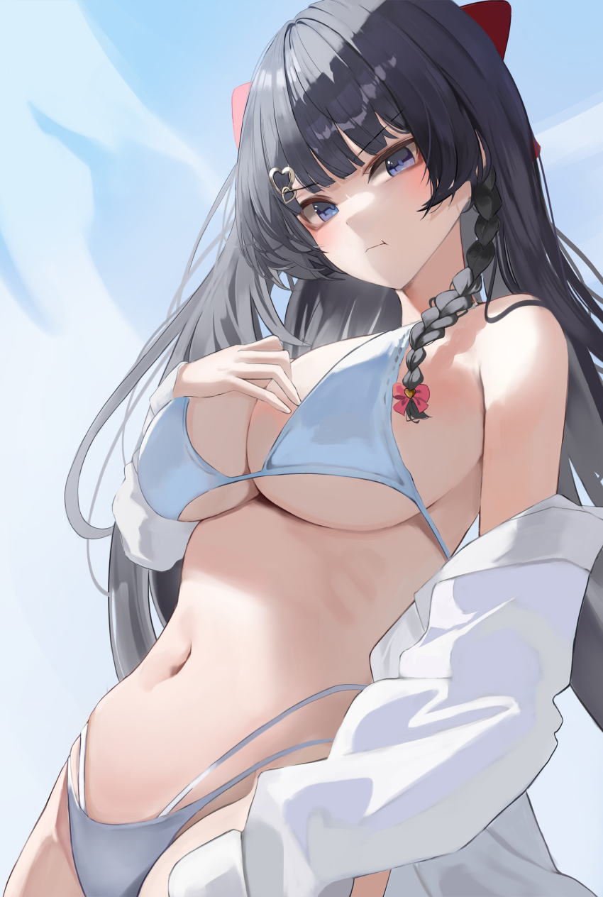 1girl, absurdres, bare_shoulders, bikini, black_hair, blue_eyes, blue_sky, blunt_bangs