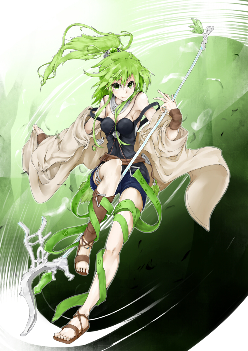1girl, bad_id, bad_pixiv_id, croriin, duel_monster, female_focus, green_eyes, green_hair, highres, jacket, jewelry, matching_hair/eyes, necklace, ponytail, sandals, solo, staff, tank_top, winda_(yu-gi-oh!), winda_priestess_of_gusto, wynnda_miko_of_the_gusta, yu-gi-oh!, yu-gi-oh!_duel_monsters