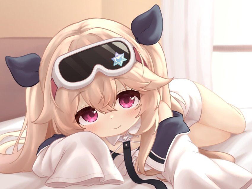 1girl, absurdres, azur_lane, goggles, goggles_on_head, highres, indoors, little_anchorage_(azur_lane), long_hair, looking_at_viewer, lying, shoboimu, sleeves_past_wrists, smile, solo