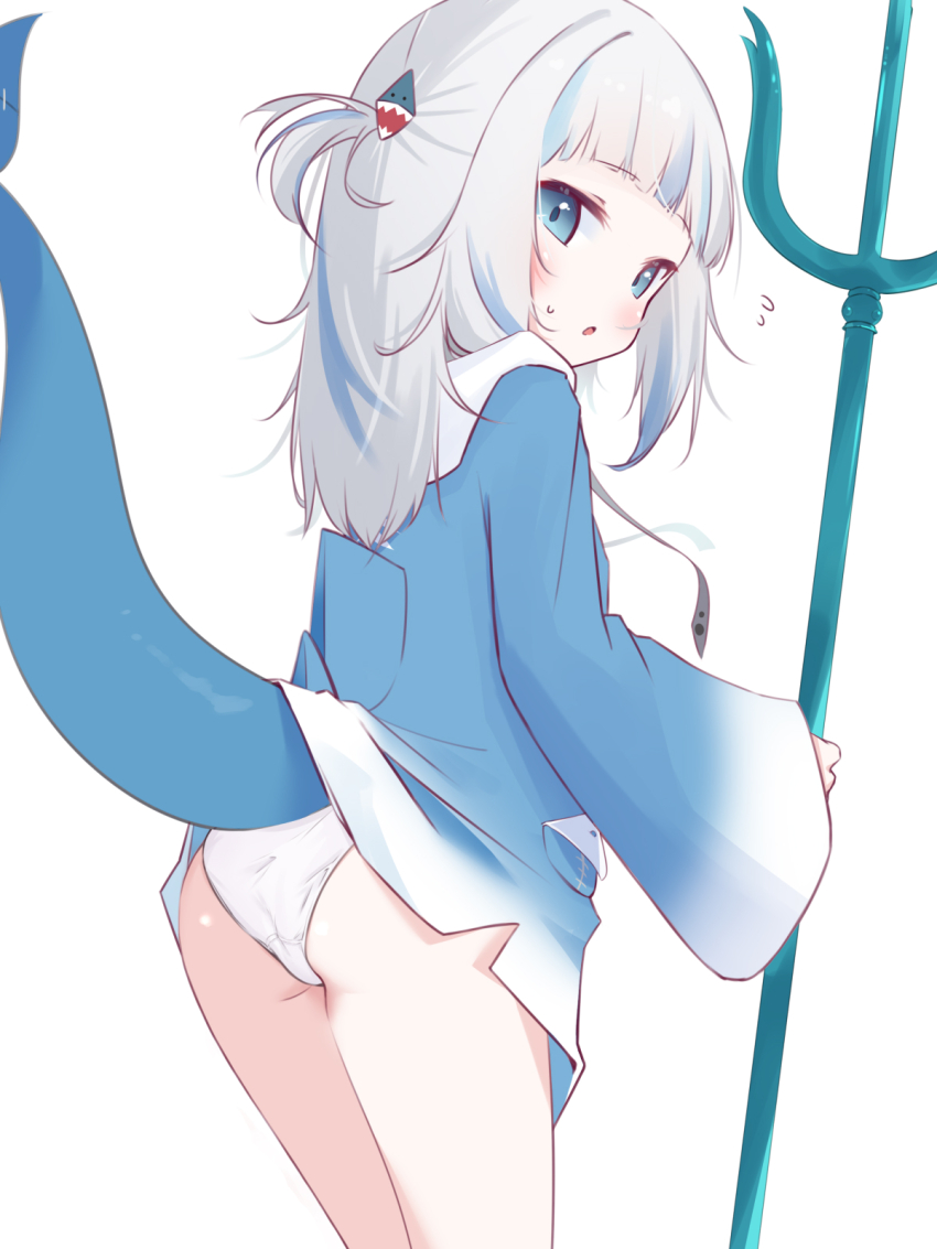1girl, ass, blue_eyes, blue_hair, blue_hoodie, capuchi_(111cappuccino), fins, fish_tail, gawr_gura, gawr_gura_(1st_costume), grey_hair, hair_ornament, highres, hololive, hololive_english, hood, hoodie, loli, looking_at_viewer, multicolored_hair, panties, polearm, shark_tail, solo, streaked_hair, tail, trident, underwear, virtual_youtuber, weapon, white_panties