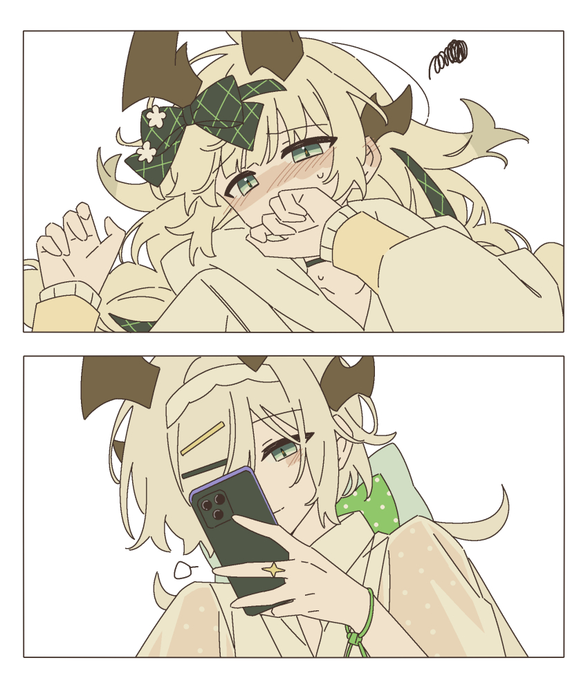 2girls, arknights, blush, bracelet, cellphone, closed_mouth, covering_own_mouth, ear_blush