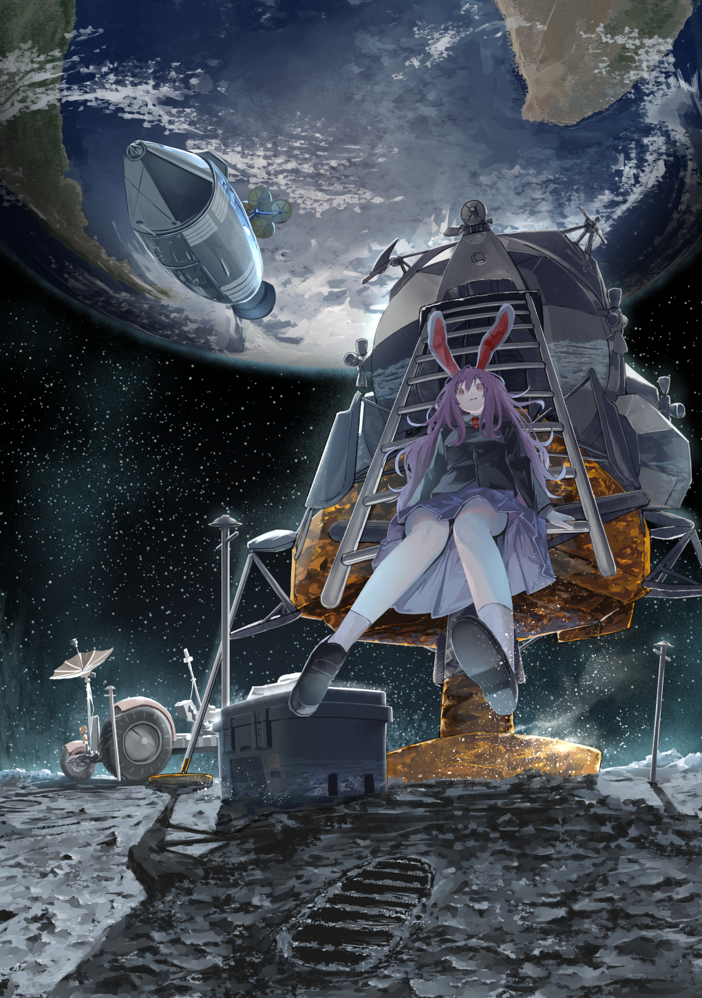 1girl, black_jacket, black_shoes, closed_mouth, commentary_request, earth_(planet), full_body, highres, jacket, kiyonetto, loafers, long_hair, long_sleeves, looking_at_viewer, lunar_lander, moon, necktie, pantyhose, planet, purple_eyes, purple_hair, purple_skirt, rabbit_girl, red_necktie, reisen_udongein_inaba, shirt, shoes, skirt, solo, space, spacecraft, touhou, very_long_hair, white_pantyhose, white_shirt