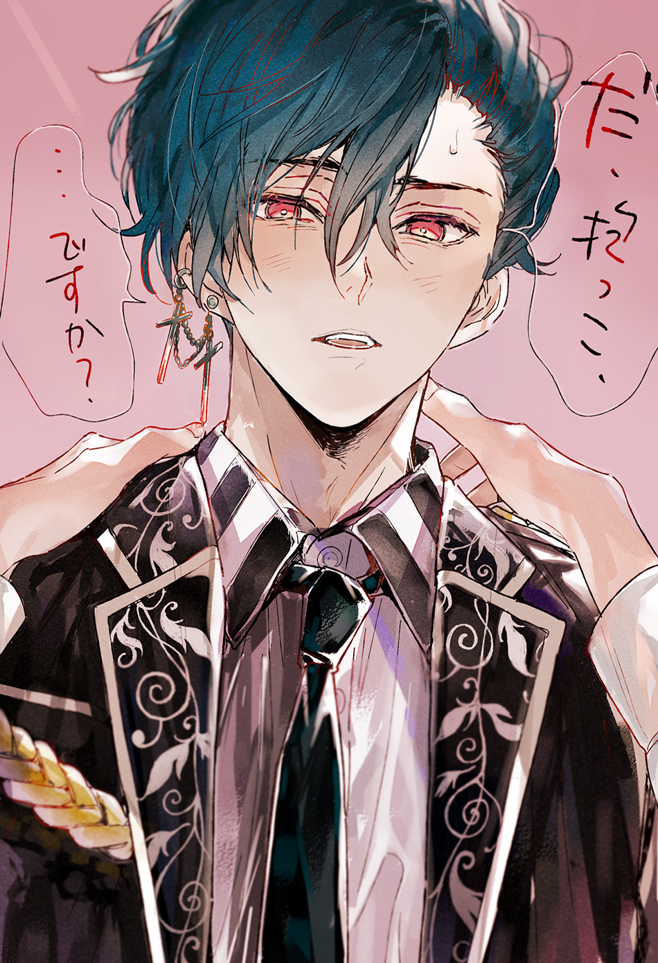 1boy, 1girl, akuma_shitsuji_to_kuroi_neko, aqua_hair, black_jacket, black_necktie, blazer, collared_shirt