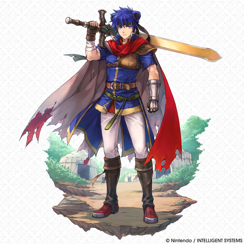 1boy, absurdres, animal_ears, bear_ears, blue_eyes, blue_hair, boots, cape, commentary, company_name, copyright_notice, english_commentary, fire_emblem, fire_emblem:_path_of_radiance, fire_emblem_shadows, full_body, hagiya_kaoru, headband, highres, holding, holding_sword, holding_weapon, ike_(fire_emblem), ike_(radiant_merc)_(fire_emblem), looking_at_viewer, nintendo, official_alternate_costume, official_art, over_shoulder, ragnell, red_cape, solo, standing, sword, tent, torn_cape, torn_clothes, weapon, weapon_over_shoulder