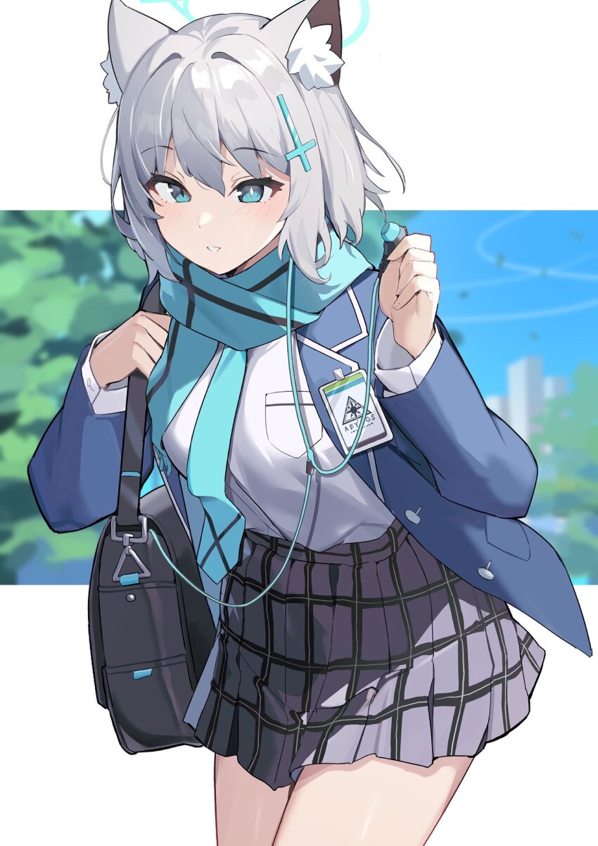 1girl, animal_ear_fluff, animal_ears, aqua_scarf, blue_archive, blue_halo, blue_jacket, blue_scarf
