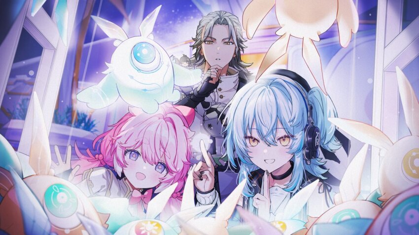 1boy, 2girls, aalto_(wuthering_waves), black_choker, black_nails, blue_hair, buling_(wuthering_waves), choker