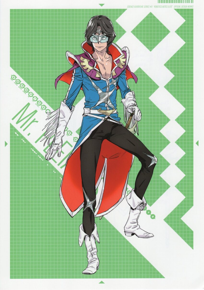 1boy, absurdres, adam's_apple, belt, black_hair, black_pants, blue_coat, blue_shirt, boots, cape, capelet, character_name, chest_harness, chest_strap, coat, collar, collarbone, eye_mask, fukuda_tomonori, gloves, goggles, gold_trim, hair_ornament, hand_on_weapon, harness, hidaka_subaru, hidaka_subaru_(mr._pleiades), highres, male_focus, mask, muscular, muscular_male, non-web_source, official_art, open_clothes, open_collar, open_shirt, pants, pectorals, rapier, red_cape, robotics;notes, science_adventure, shirt, simple_background, solo, sword, weapon, white_boots, white_gloves, zipper, zipper_footwear, zipper_pull_tab