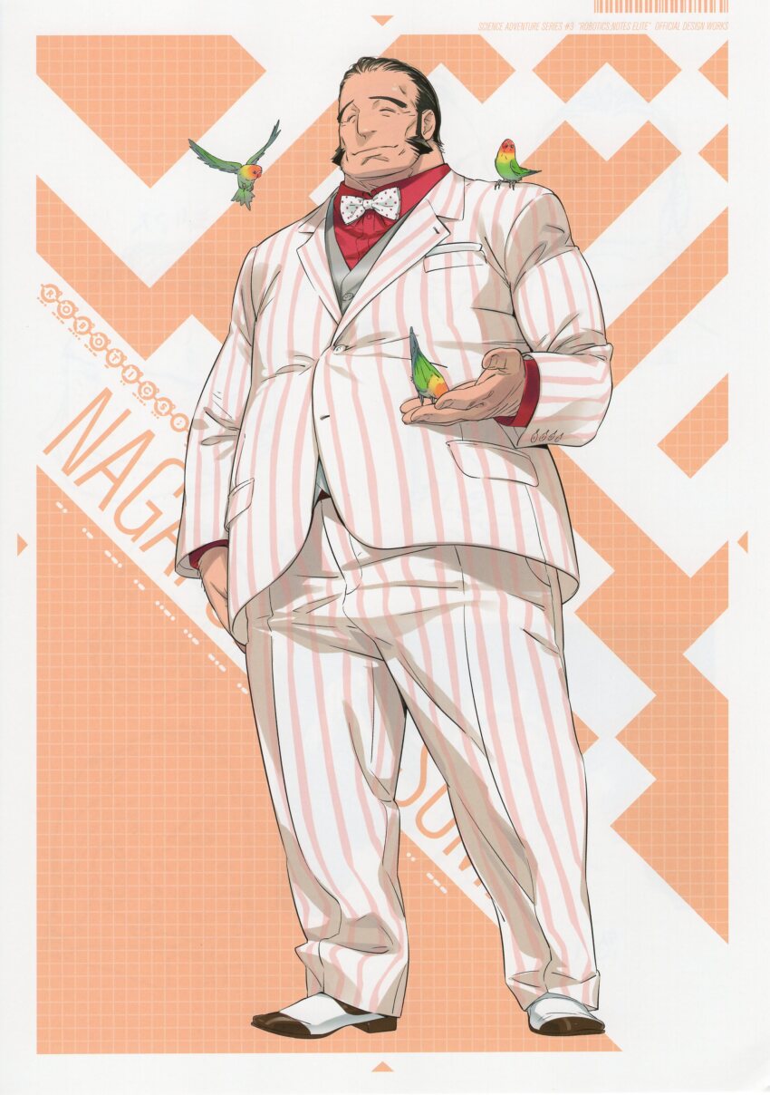 1boy, absurdres, animal, bird, black_hair, bow, bowtie, character_name