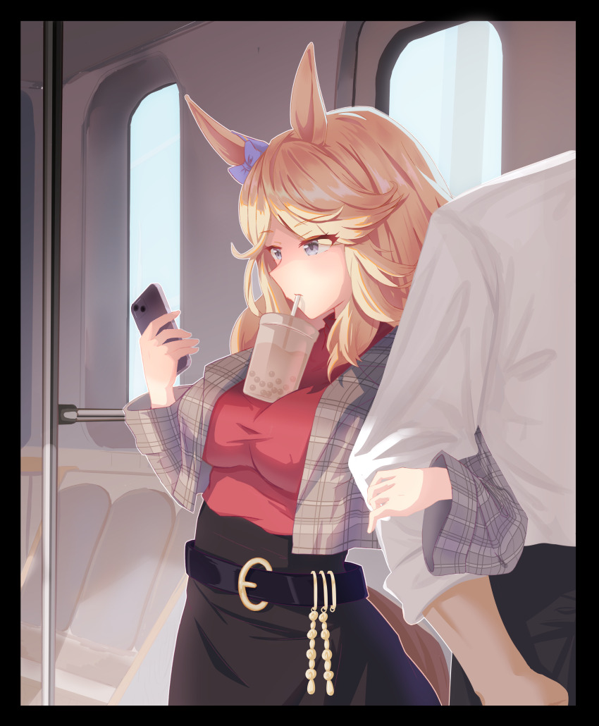 1boy, 1girl, absurdres, animal_ears, between_pectorals, blonde_hair, blue_bow, blue_eyes, bow, breasts, bubble_tea, bubble_tea_challenge, cup, disposable_cup, drinking, drinking_straw, drinking_straw_in_mouth, ear_bow, gold_city_(casual)_(umamusume), gold_city_(umamusume), hasegawamorito, highres, horse_ears, horse_girl, large_breasts, long_hair, long_sleeves, meme, object_on_breast, pectorals, trainer_(umamusume), umamusume, upper_body