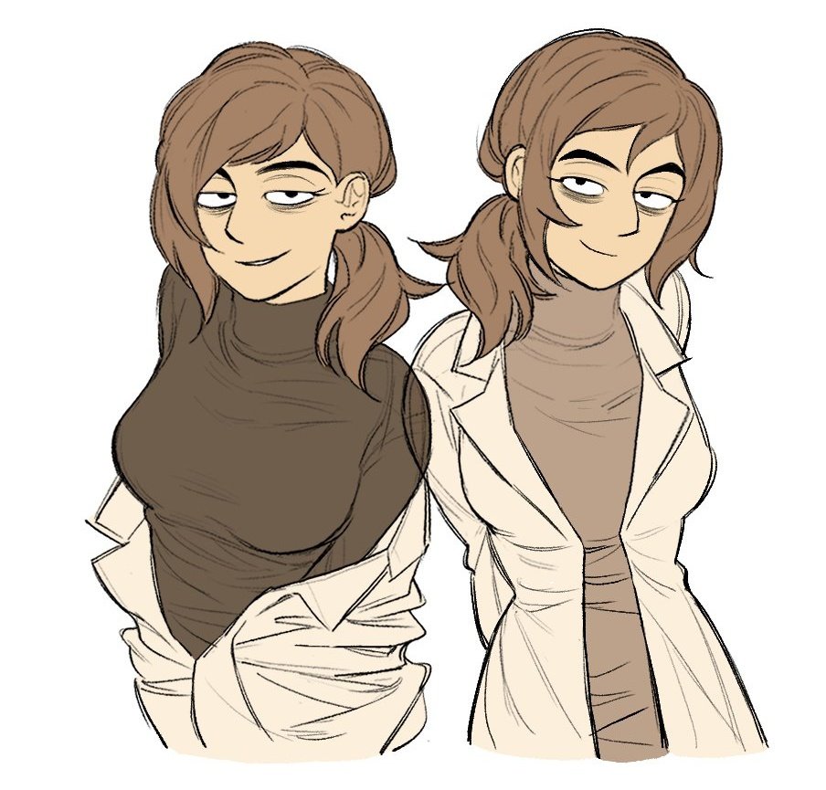 1girl, bags_under_eyes, black_shirt, breasts, brown_hair, grin, inside_job, lab_coat