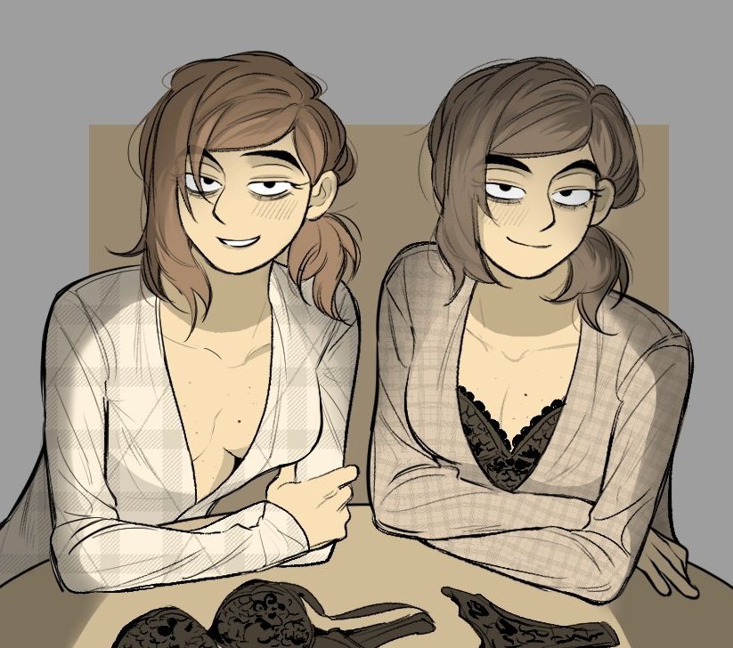 1girl, bags_under_eyes, black_bra, blush, bra, breasts, brown_hair, cleavage