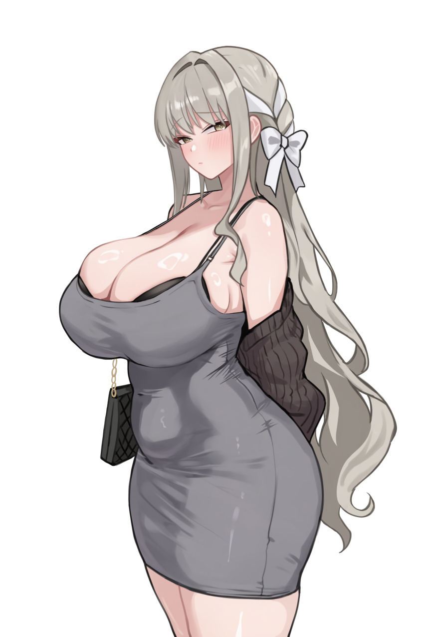 1girl, absurdres, aged_up, alternate_breast_size_(larger), bag, bare_shoulders, black_bra, blue_archive, blush, bow, bra, breasts, brown_eyes, brown_hair, brown_sweater, cleavage, collarbone, covered_navel, cowboy_shot, curvy, dongtan_dress, dress, erufura, grey_dress, hair_bow, highres, large_breasts, long_hair, looking_at_viewer, miyo_(blue_archive), multicolored_hair, missing_halo, shiny_skin, shoulder_bag, solo, standing, streaked_hair, sweater, underwear, wavy_hair, wavy_sidelocks, white_background, white_hair