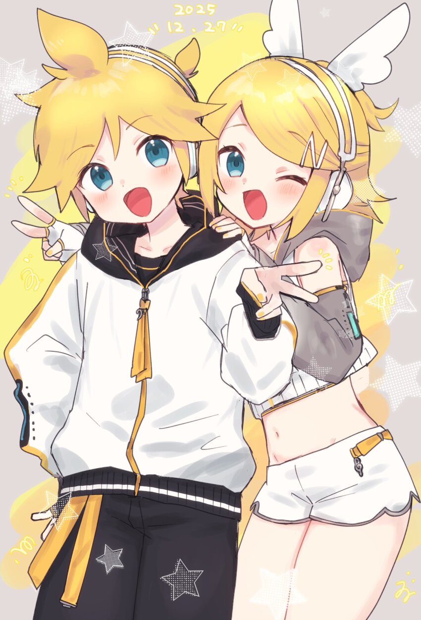 1boy, 1girl, :d, ;d, bare_shoulders, black_shorts, blonde_hair, blue_eyes