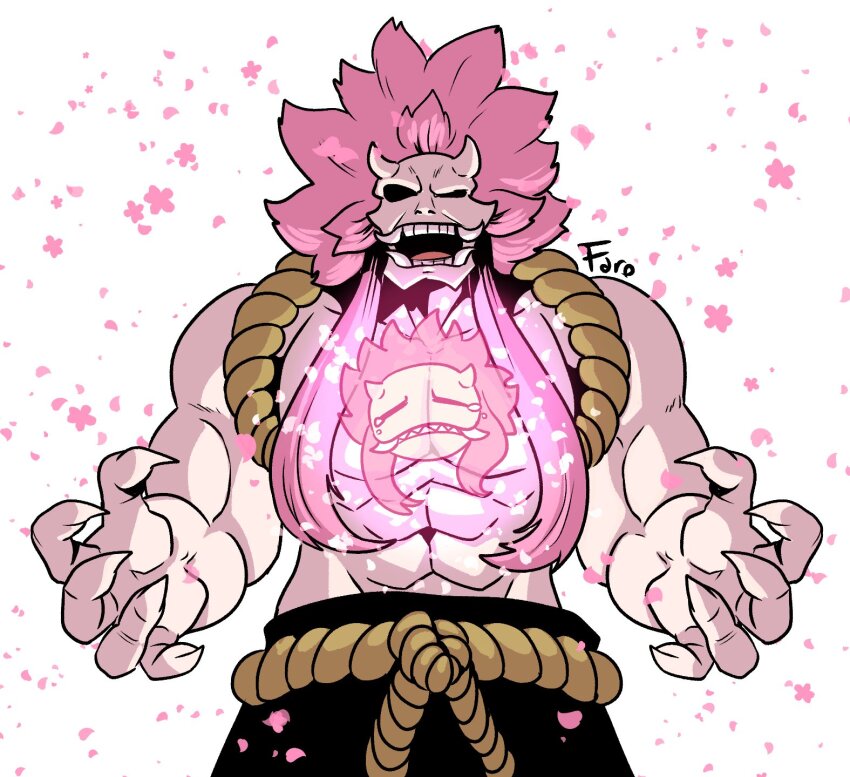 black_eyes, claws, colored_skin, fangs, farolitodraws, highres, horns, japanese_clothes, no_eyebrows, no_pupils, petals, pink_hair, spring_(undead_unluck), uma_(undead_unluck), undead_unluck, white_background, white_skin