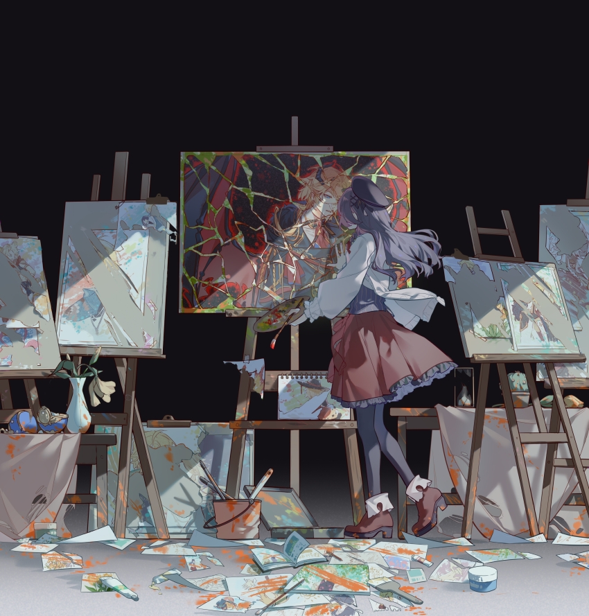 1boy, 1girl, absurdres, ankle_boots, art_brush, ascot, beret, black_background