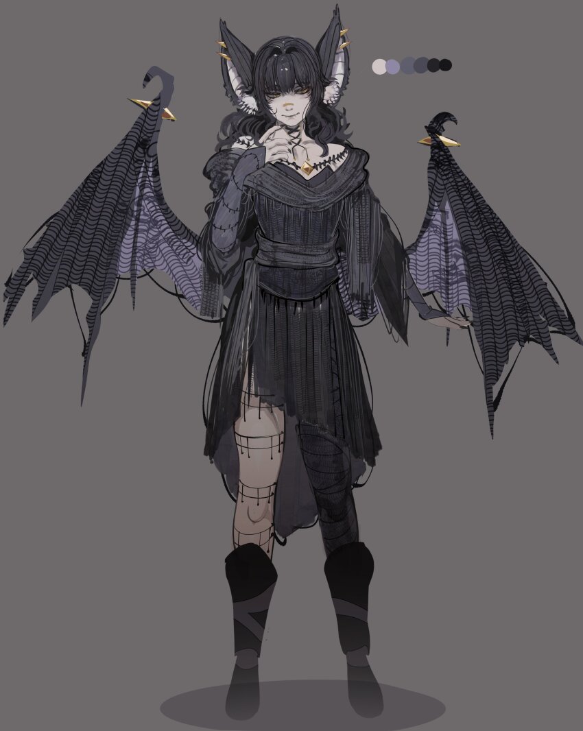 1girl, absurdres, animal_ear_fluff, animal_ears, bandage_on_nose, bat_ears, bat_girl, bat_wings, black_boots, black_hair, black_nails, black_skirt, boots, bridal_gauntlets, commentary, corset_piercing, ear_piercing, english_commentary, gem, grey_background, highres, light_smile, lydia_the_bat, neck_piercing, original, pale_skin, piercing, shadow, simple_background, single_thighhigh, sketch, skirt, solo, spiked_ear_piercing, thighhighs, tomatolover16, torn_clothes, torn_skirt, wide_sleeves, wing_piercing, wings, yellow_eyes, yellow_gem, zullie_the_witch