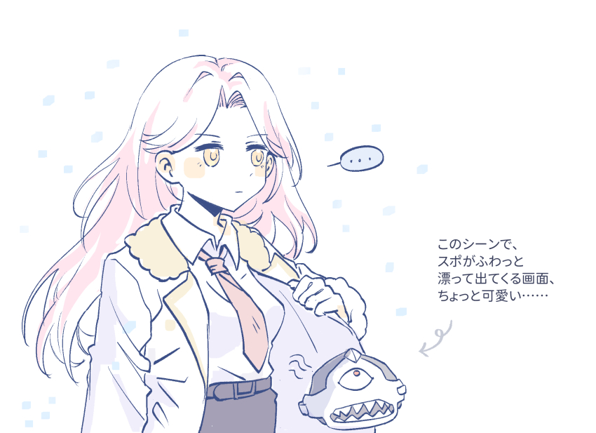 1girl, belt, black_pants, breasts, coat, highres, juiz_(undead_unluck), long_hair, long_sleeves, necktie, open_clothes, pants, pink_hair, red_necktie, shirt, snow, spoil_(undead_unluck), uma_(undead_unluck), undead_unluck, white_shirt, winter_clothes, yellow_eyes, yummy_aulait