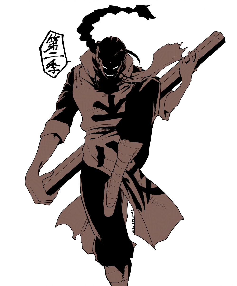 1boy, ahoge, bandaged_leg, bandages, black_hair, black_pants, black_sleeves, braid