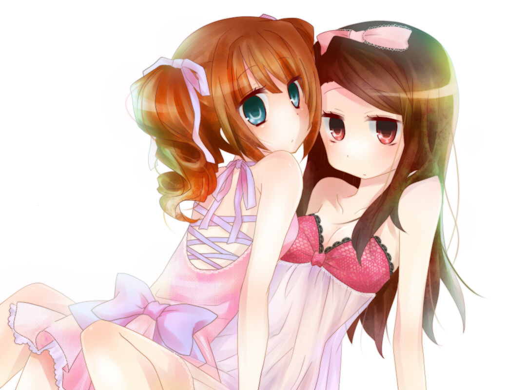 2girls, bad_id, bad_pixiv_id, bare_shoulders, blush, breasts, brown_eyes, brown_hair