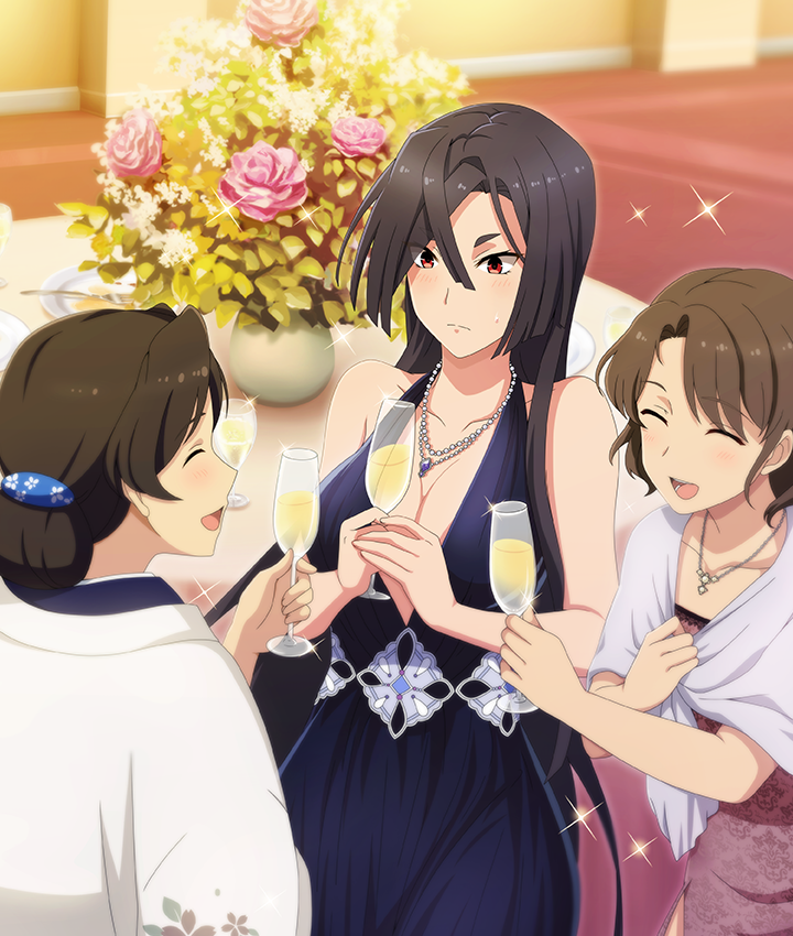 3girls, ^_^, alcohol, bare_arms, bare_shoulders, black_hair, blue_dress, blunt_ends