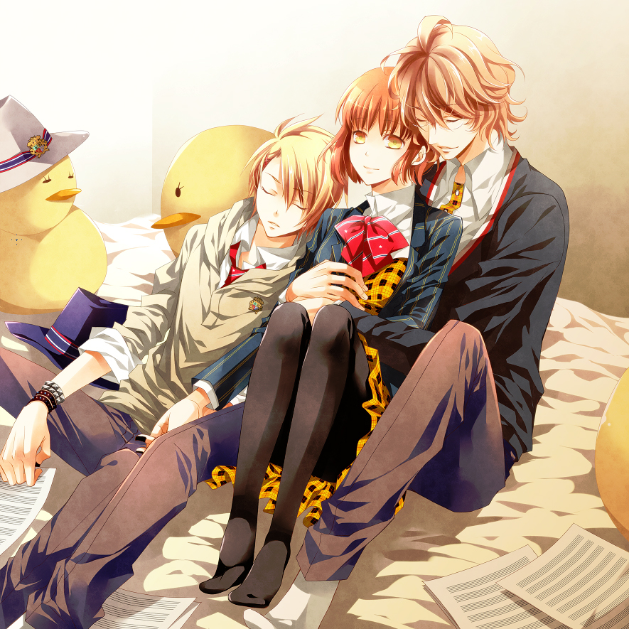 10s, 1girl, 2boys, bed, black_pantyhose, blonde_hair, brown_hair, closed_eyes, glasses, hat, hug, hug_from_behind, huyucotton, kurusu_shou, multiple_boys, nanami_haruka, necktie, orange_hair, pantyhose, paper, plaid_clothes, plaid_skirt, ribbon, school_uniform, shinomiya_natsuki_(uta_no_prince-sama), short_hair, skirt, sleeping, smile, stuffed_animal, stuffed_toy, uta_no_prince-sama, yellow_eyes