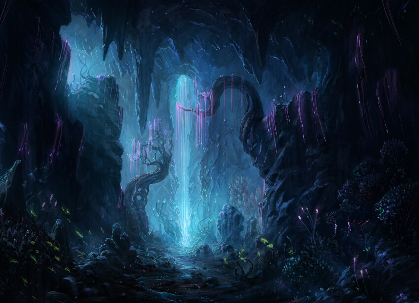 cave_interior, commentary, coral, english_commentary, glowing_plants, highres, jjcanvas, landscape