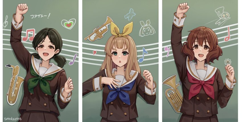 3girls, arm_up, baritone_saxophone, black_hair, blonde_hair, blue_eyes, blue_neckerchief, blush